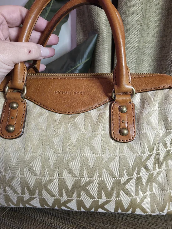 Michael Kors Beige Signature Logo Satchel with Brown Leather Trim - Picture 7 of 13